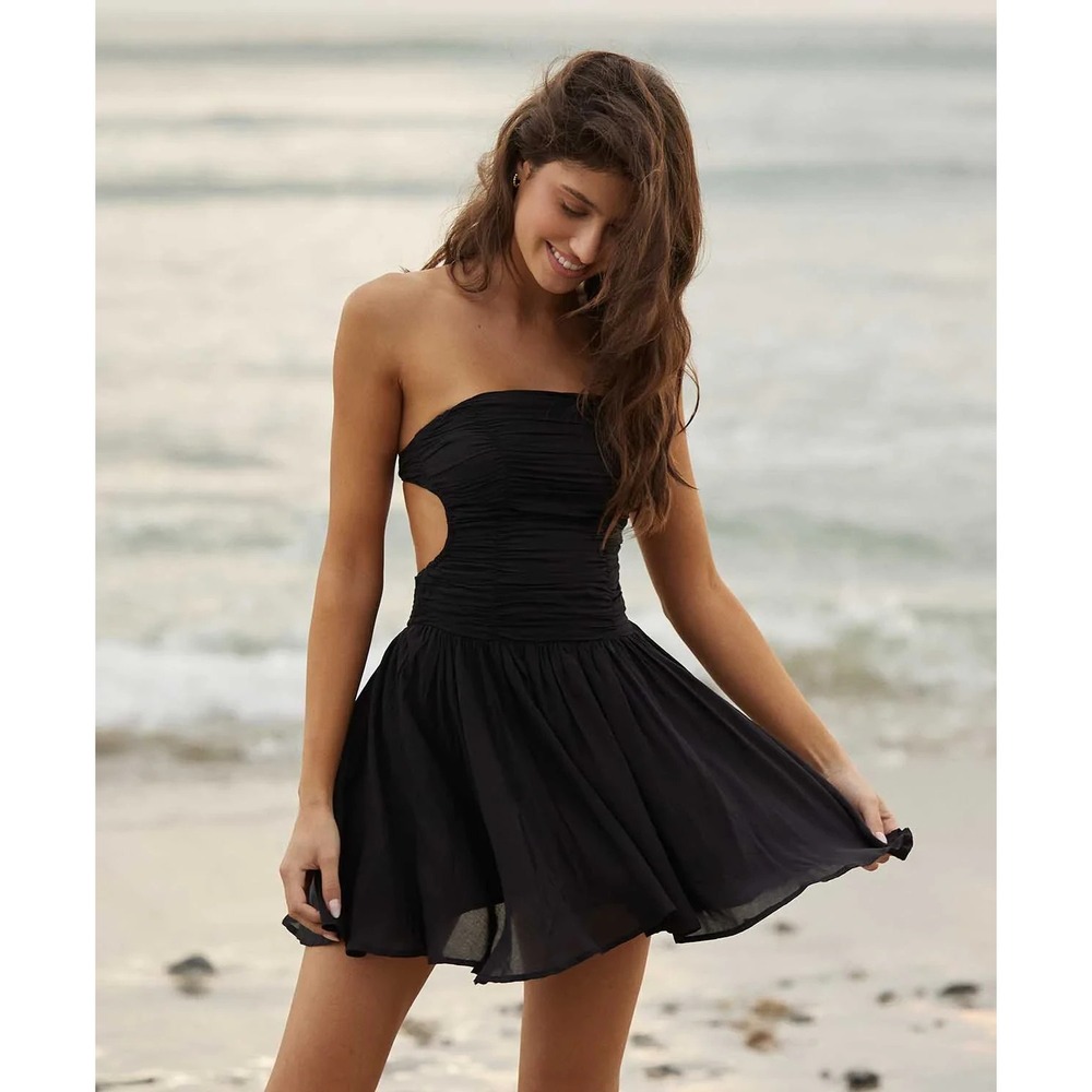PQ Swim Skye Strapless Mini Dress Midnight Black Ruched Back Tie NWT XS/S M/L